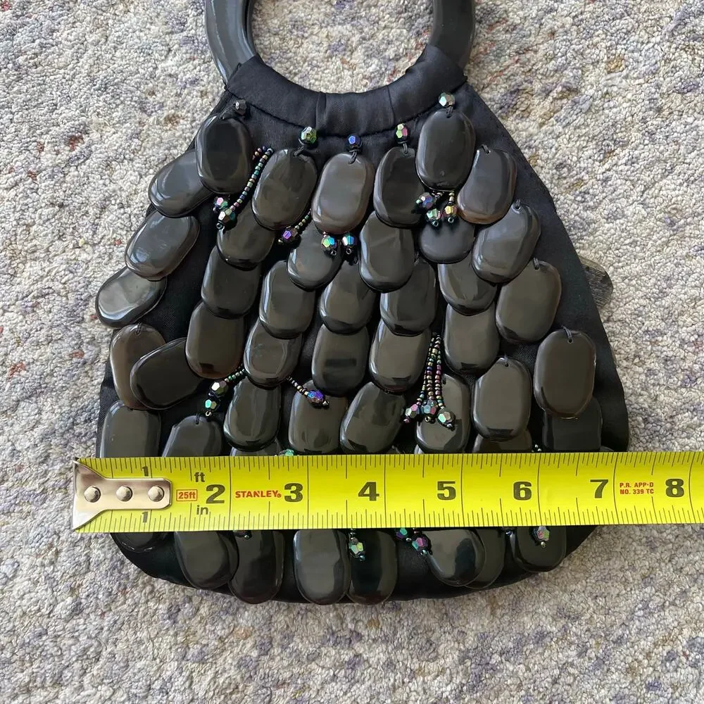 Mad Bags Black Shell Beaded Handbag Resin Ring Handles Evening Purse Hobo